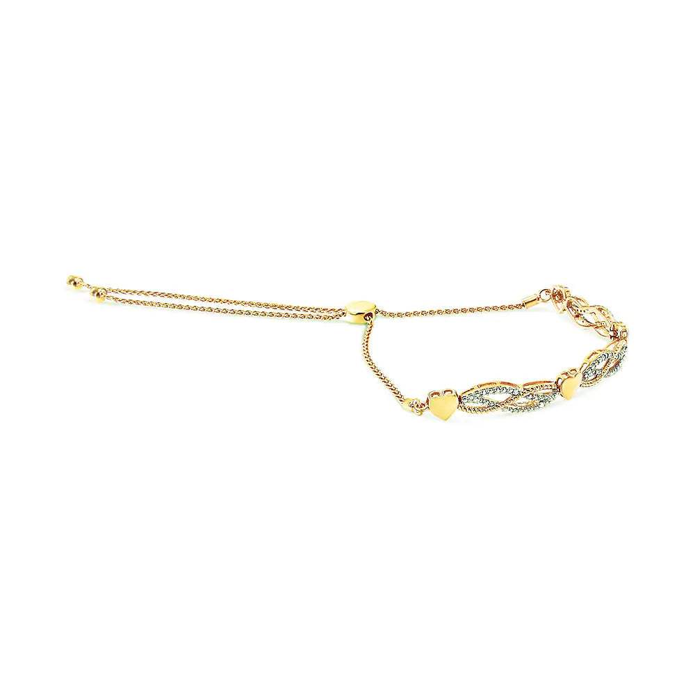 14K Yellow Gold Plated .925 Sterling Silver 1/10 Cttw Diamond Wave and Hearts Bolo Bracelet (I-J Color, I2-I3 Clarity) - 4"-10" Adjustable - Coeur Lumiere de tendresse