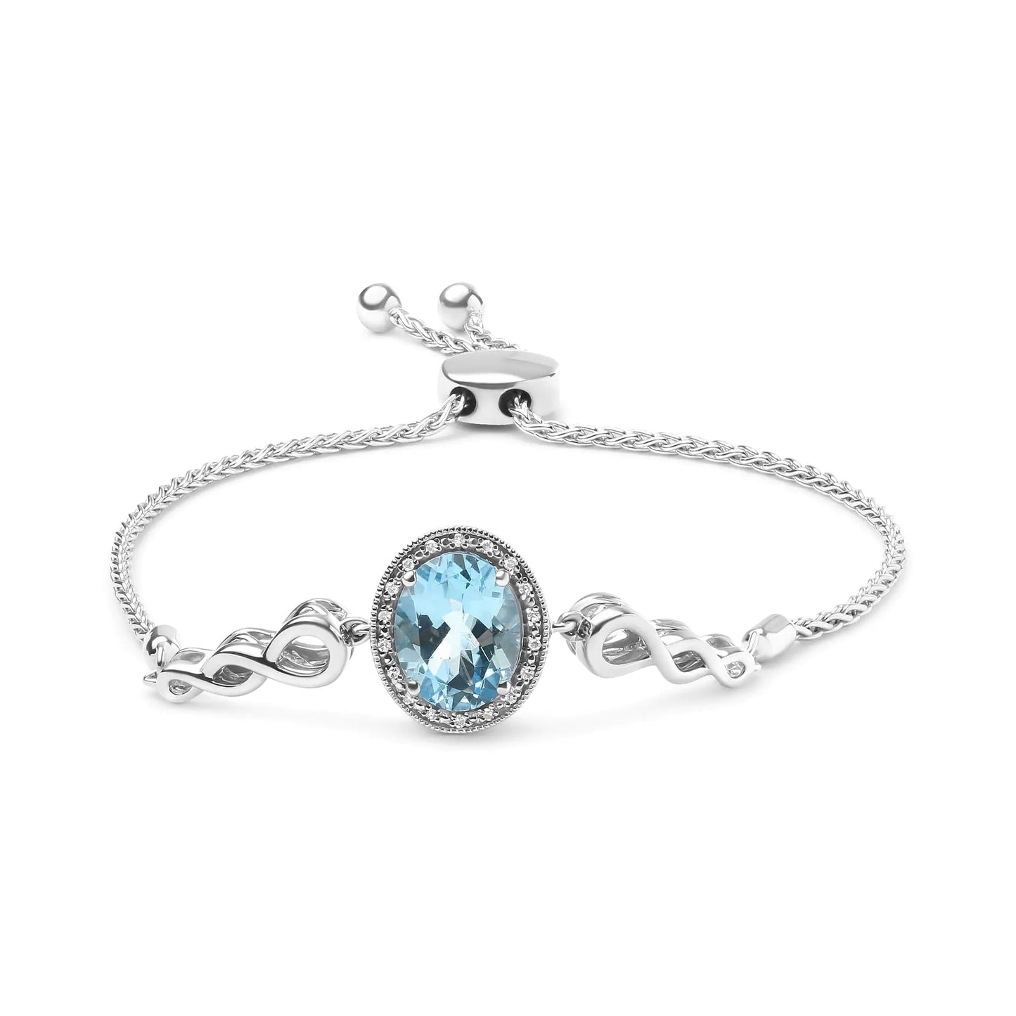 .925 Sterling Silver 10x8mm Oval Blue Topaz and Diamond Accent Lariat 4”-10” Adjustable Bolo Bracelet (H-I Color, SI1-SI2 Clarity) - Coeur Lumiere de tendresse