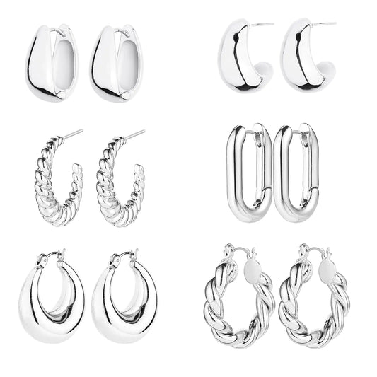 6 Pairs 14K Gold Hoop Earrings for Women Lightweight Chunky Hoop Earrings Multipack Hypoallergenic, Thick Open Twisted Huggie Hoops Earring Set Jewelry for Gifts. Silver - Coeur Lumiere de tendresse