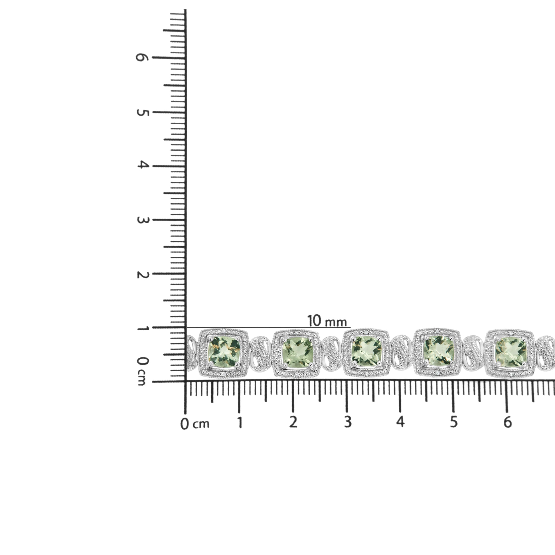 .925 Sterling Silver 7x7 mm Cushion Cut Green Amethyst and 1/10 cttw Single Cut Diamond Square Shape Tennis Bracelet (I-J Color, I1-I2 Clarity) - 7" - Coeur Lumiere de tendresse