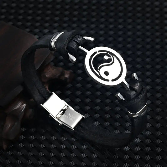 2021 Fashion Jewelry Stainless Steel Tai Chi Yin Yang Fish Leather Bracelet - Coeur Lumiere de tendresse