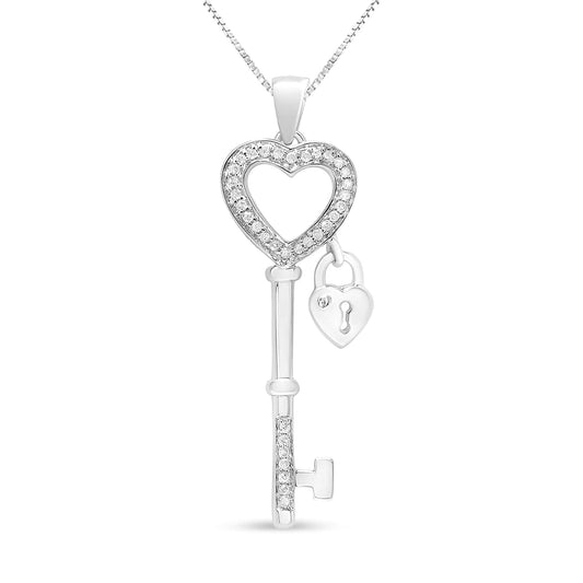 .925 Sterling Silver 1/4 Cttw Diamond Lock & Key heart 18" Pendant Necklace (I-J Color, I3 Clarity) - Coeur Lumiere de tendresse