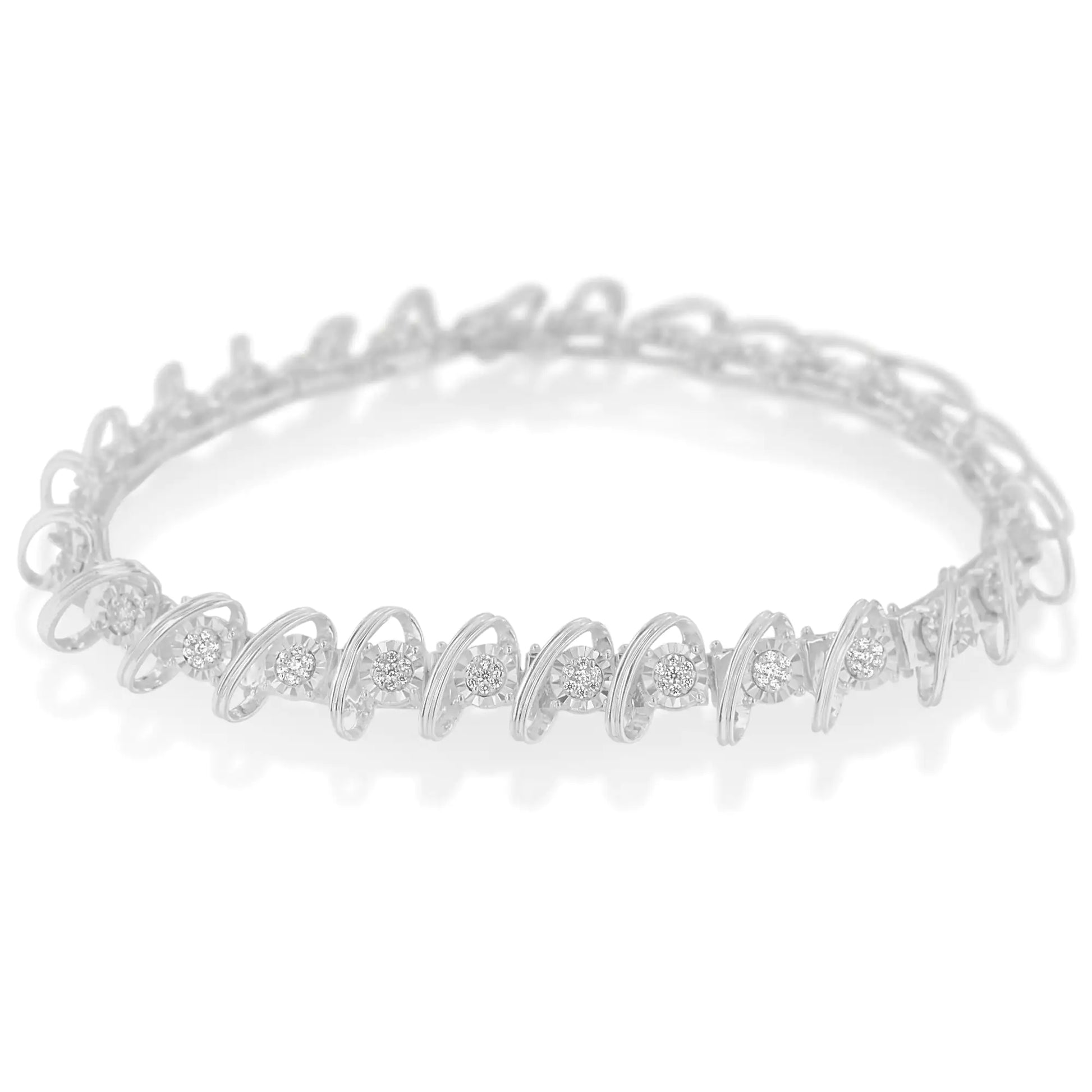 .925 Sterling Silver 3/4 Cttw Diamond Illusion Plate Link Bracelet (I-J Color, I3 Clarity) - Size 7.25" - Coeur Lumiere de tendresse