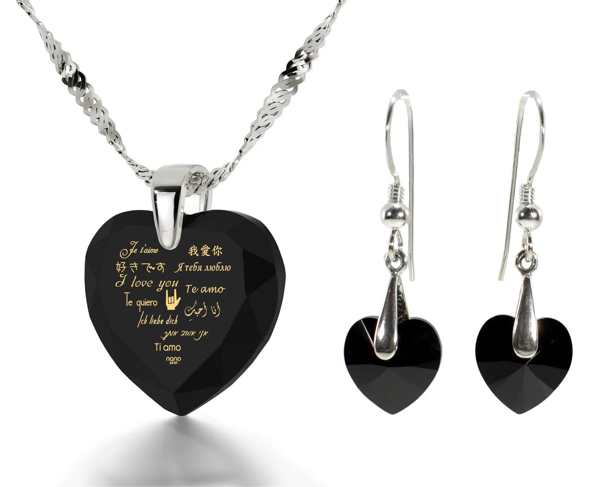 925 Silver I Love You Necklace 12 Languages Gold Inscribed and Crystal Earrings Heart Jewelry Set - Coeur Lumiere de tendresse