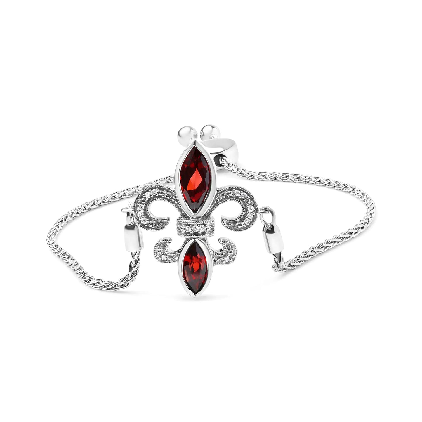 .925 Sterling Silver Marquise Garnet and Diamond Accent Lariat 4”-10” Fleur De Lis Adjustable Bolo Bracelet (H-I Color, SI1-SI2 Clarity) - Coeur Lumiere de tendresse