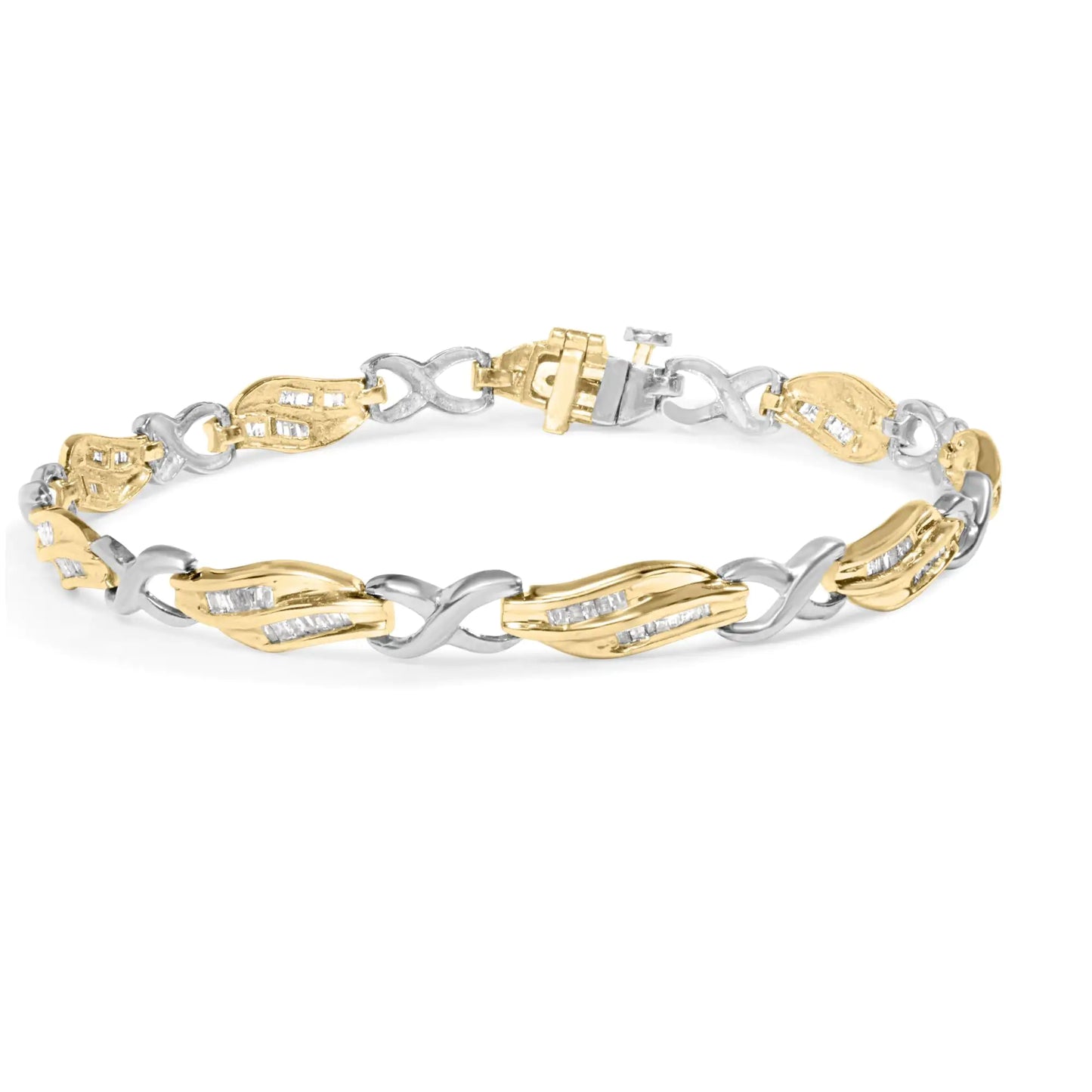 10K Two Tone Gold 1.00 Cttw Channel Set Baguette Diamond Chevron Wave Link 7" Bracelet (I-J Color, I2-I3 Clarity) - Coeur Lumiere de tendresse