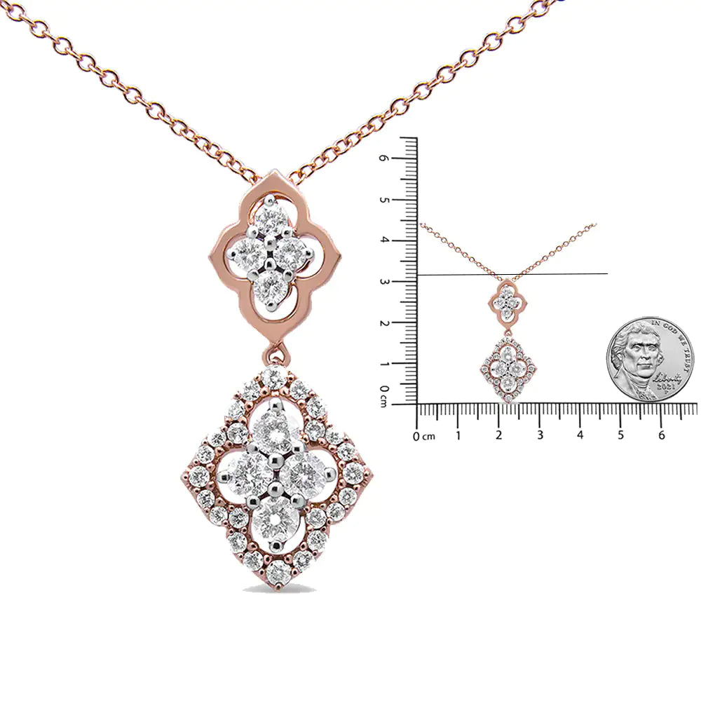 14K Rose Gold 3/4 Cttw Round Diamond Double Quatrefoil Pendant 18" Necklace (H-I Color, I1-I2 Clarity) - Coeur Lumiere de tendresse