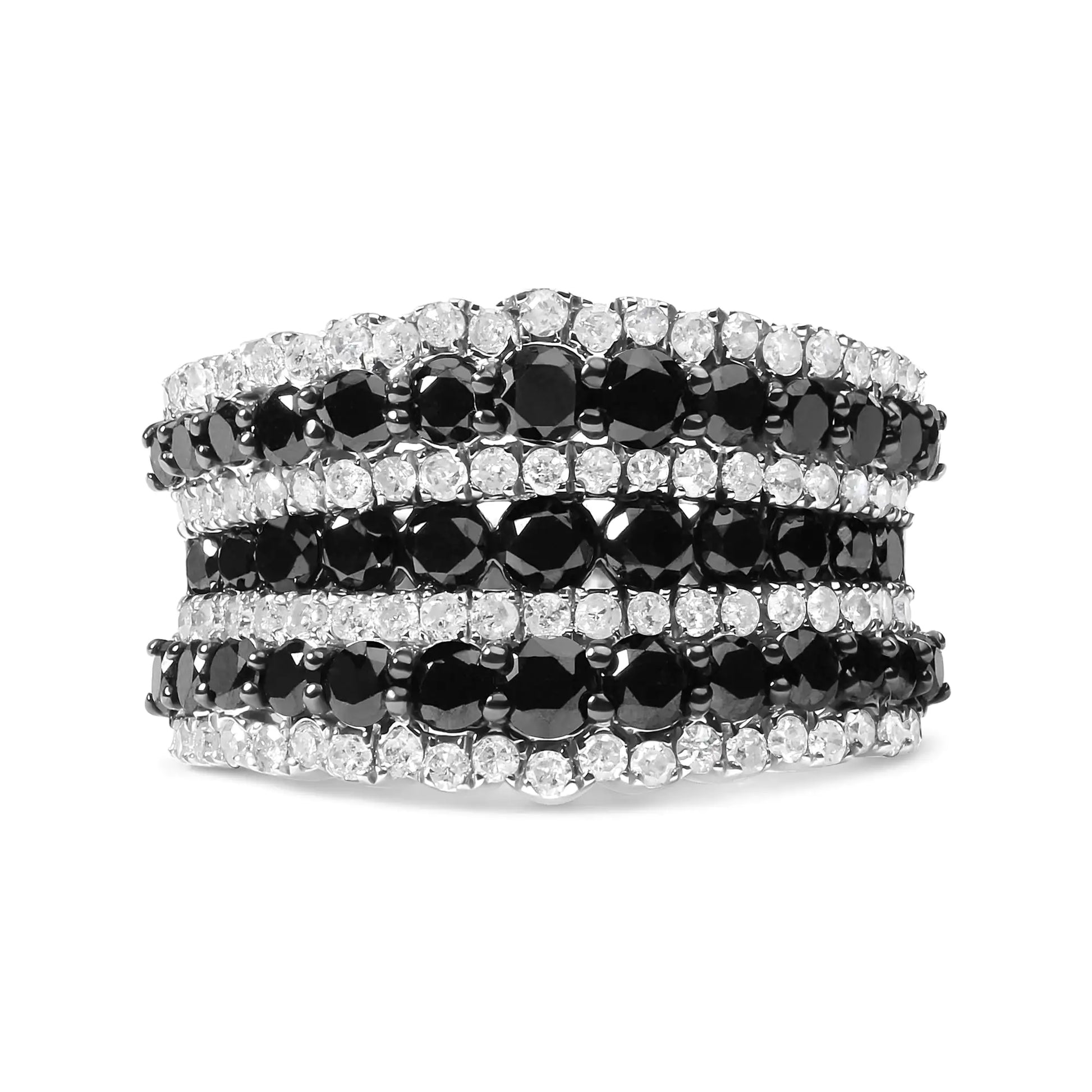 .925 Sterling Silver 1 3/4 Cttw Treated Black and White Alternating Diamond Multi Row Band Ring (Black / I-J Color, I2-I3 Clarity) - Coeur Lumiere de tendresse