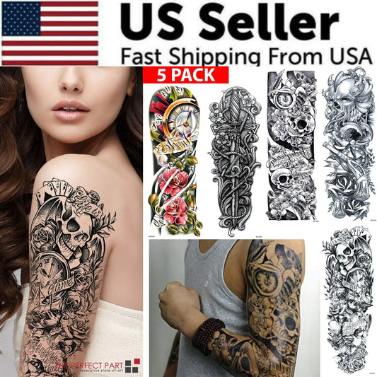 5Pcs Large Temporary Body Art Arm Tattoo Sticker Sleeve Man Women Waterproof USA - Coeur Lumiere de tendresse