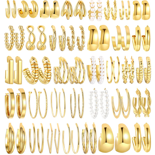 36 Pairs Gold Hoop Earrings Set for Women, Fashion Chunky Gold Hoop Earrings Multipack, Hypoallergenic Pearl Chain Twisted Statement Earring Pack for Birthday Party Jewelry D-gold-36 pcs - Coeur Lumiere de tendresse