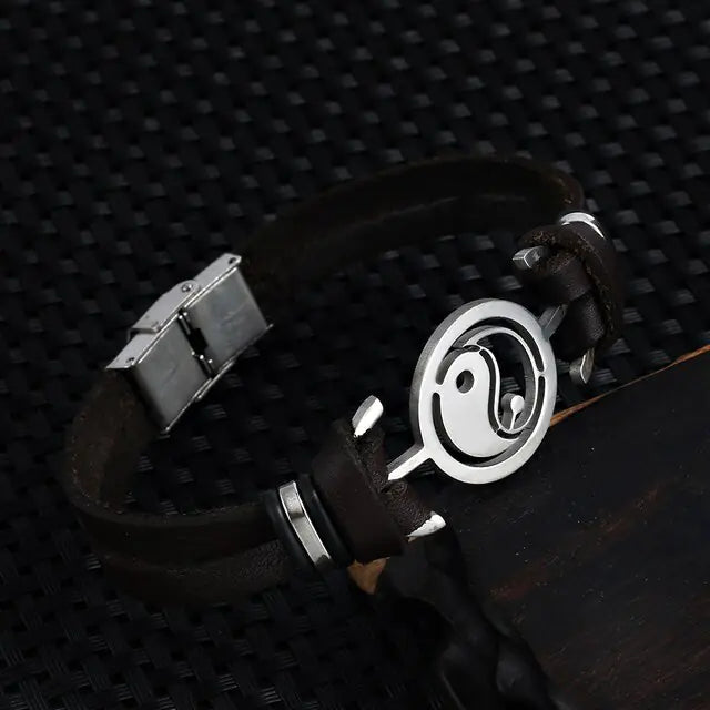 2021 Fashion Jewelry Stainless Steel Tai Chi Yin Yang Fish Leather Bracelet - Coeur Lumiere de tendresse