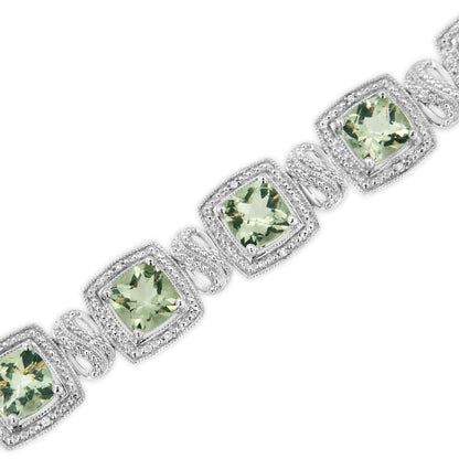 .925 Sterling Silver 7x7 mm Cushion Cut Green Amethyst and 1/10 cttw Single Cut Diamond Square Shape Tennis Bracelet (I-J Color, I1-I2 Clarity) - 7" - Coeur Lumiere de tendresse