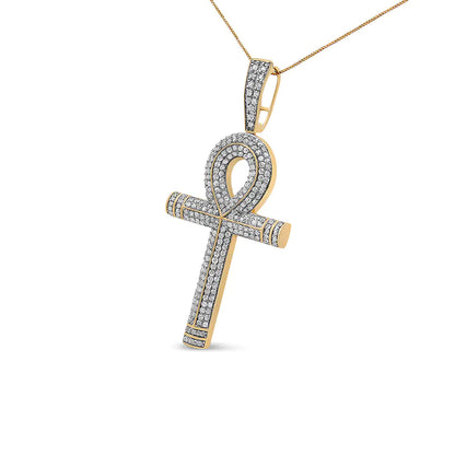 10K Yellow Gold 1 7/8 Cttw Round Diamond Ankh Cross Pendant Necklace for Men (H-I Color, SI1-SI2 Clarity) - NO CHAIN INCLUDED - Coeur Lumiere de tendresse