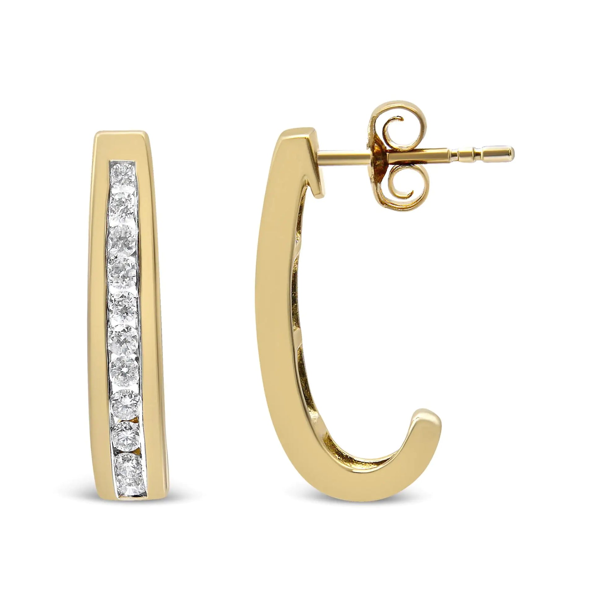 10K Yellow Gold 1/2 Cttw Channel Set Lab Grown Round Diamond J-Hoop Earrings (G-H Color, I1-I2 Clarity) - Coeur Lumiere de tendresse