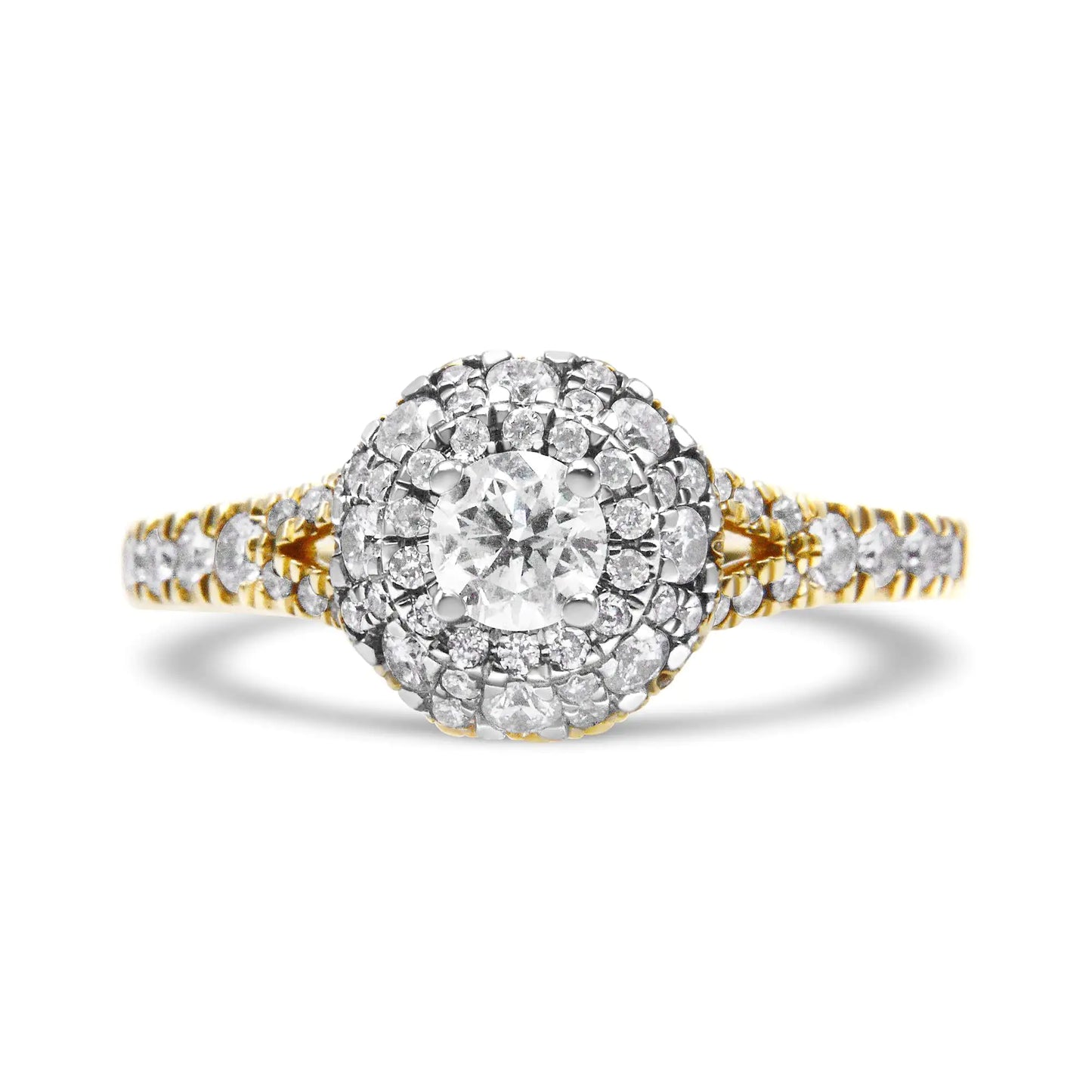 14K Yellow and White Gold 1.00 Cttw Split Shank Halo Floral Diamond Engagement Ring ( I-J Color, I1-I2 Clarity) - Coeur Lumiere de tendresse