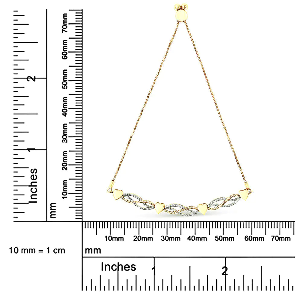 14K Yellow Gold Plated .925 Sterling Silver 1/10 Cttw Diamond Wave and Hearts Bolo Bracelet (I-J Color, I2-I3 Clarity) - 4"-10" Adjustable - Coeur Lumiere de tendresse