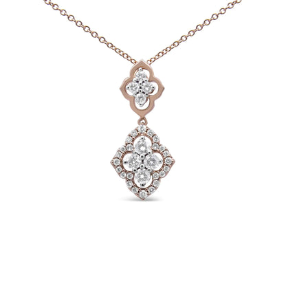 14K Rose Gold 3/4 Cttw Round Diamond Double Quatrefoil Pendant 18" Necklace (H-I Color, I1-I2 Clarity) - Coeur Lumiere de tendresse