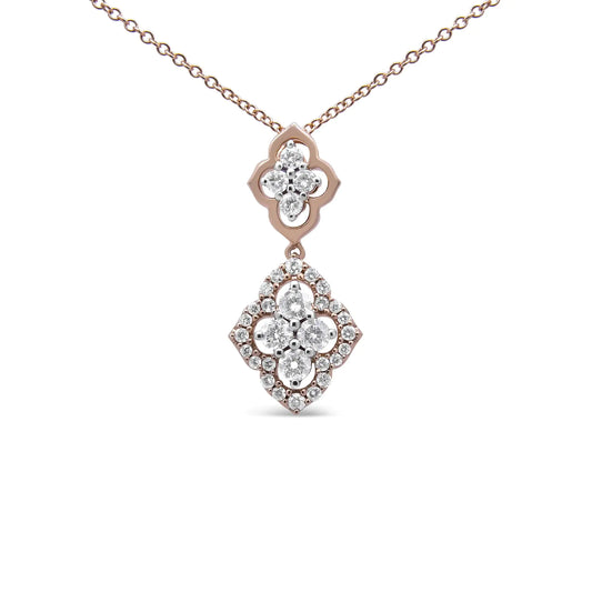 14K Rose Gold 3/4 Cttw Round Diamond Double Quatrefoil Pendant 18" Necklace (H-I Color, I1-I2 Clarity) - Coeur Lumiere de tendresse