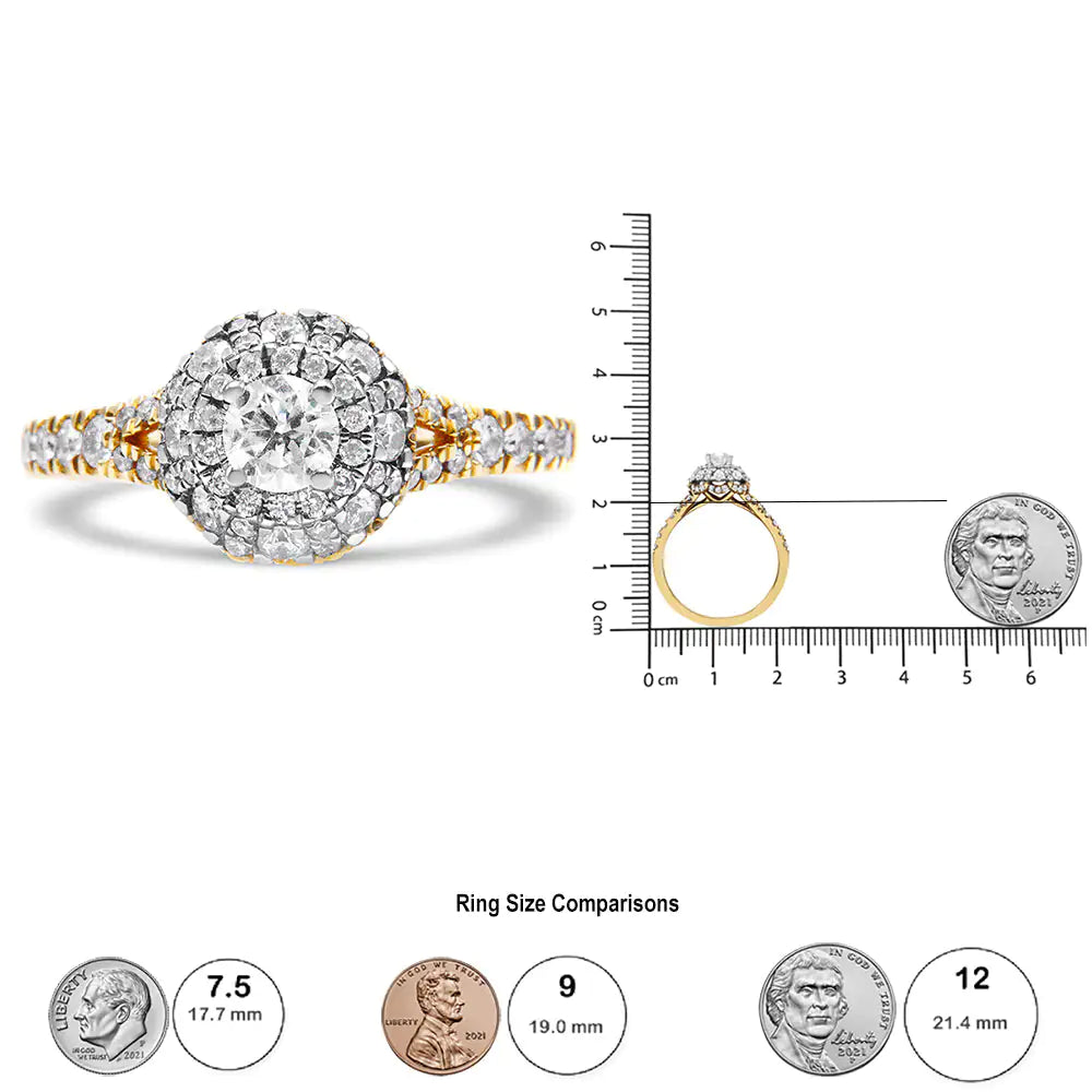 14K Yellow and White Gold 1.00 Cttw Split Shank Halo Floral Diamond Engagement Ring ( I-J Color, I1-I2 Clarity) - Coeur Lumiere de tendresse