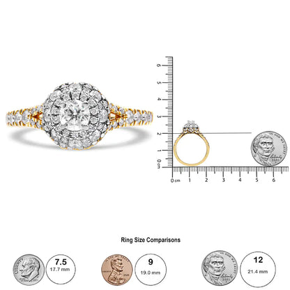 14K Yellow and White Gold 1.00 Cttw Split Shank Halo Floral Diamond Engagement Ring ( I-J Color, I1-I2 Clarity) - Coeur Lumiere de tendresse