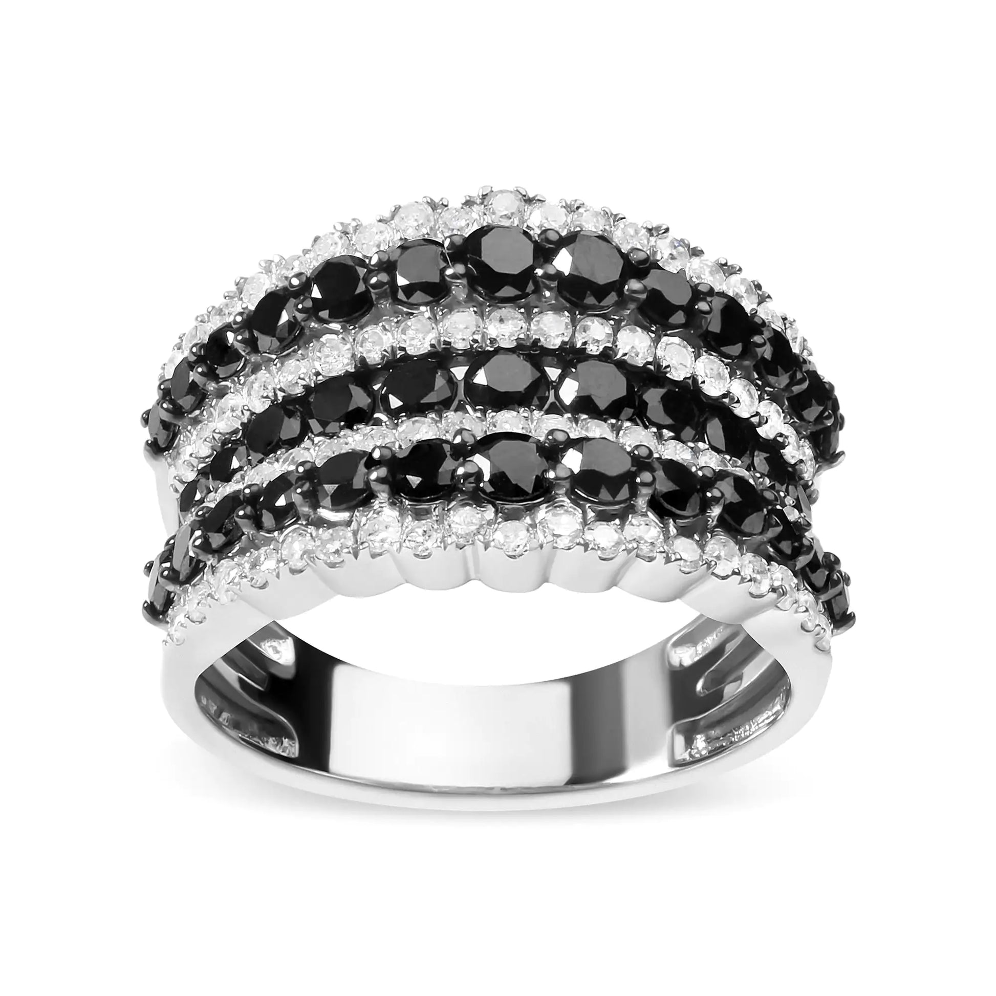 .925 Sterling Silver 1 3/4 Cttw Treated Black and White Alternating Diamond Multi Row Band Ring (Black / I-J Color, I2-I3 Clarity) - Coeur Lumiere de tendresse