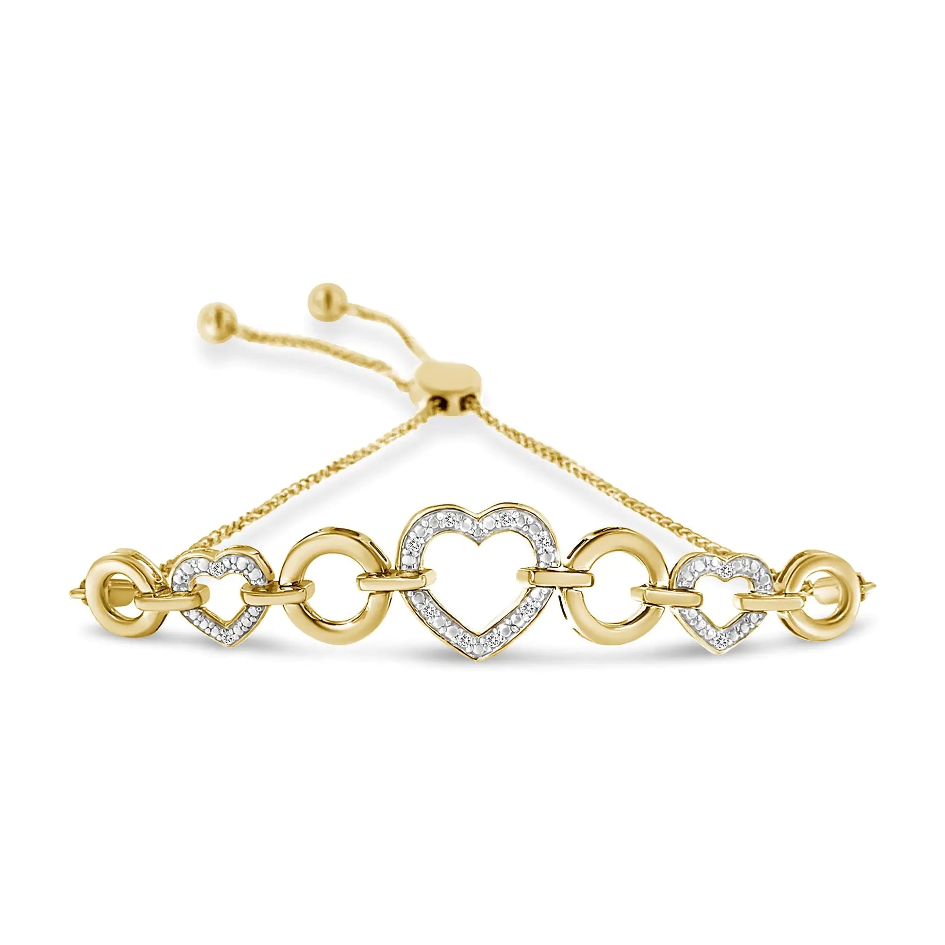 10K Yellow Gold over .925 Sterling Silver 1/10 Cttw Round-Cut Diamond Heart-Link Adjustable Bolo Bracelet (H-I Color, I2-I3 Clarity) - 6"-9" Adjustable - Coeur Lumiere de tendresse