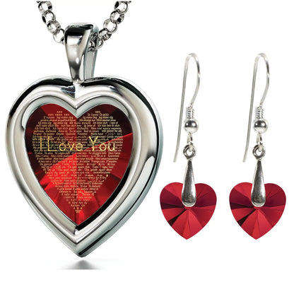 925 Silver Heart Jewelry Set I Love You Necklace in 120 Languages and Crystal Earrings