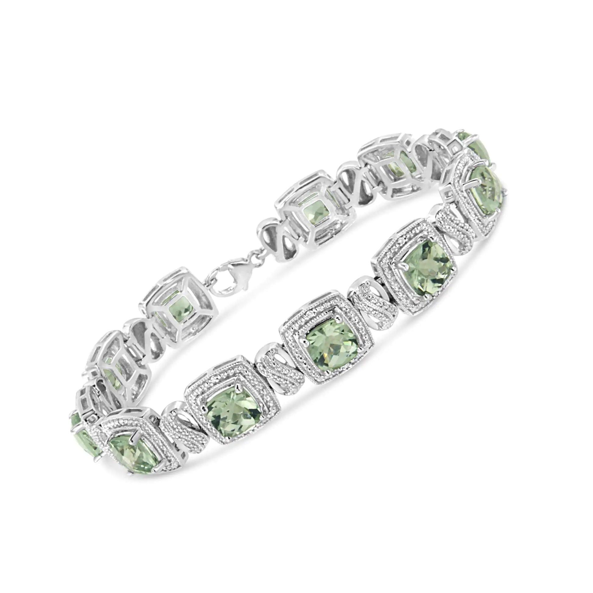 .925 Sterling Silver 7x7 mm Cushion Cut Green Amethyst and 1/10 cttw Single Cut Diamond Square Shape Tennis Bracelet (I-J Color, I1-I2 Clarity) - 7" - Coeur Lumiere de tendresse