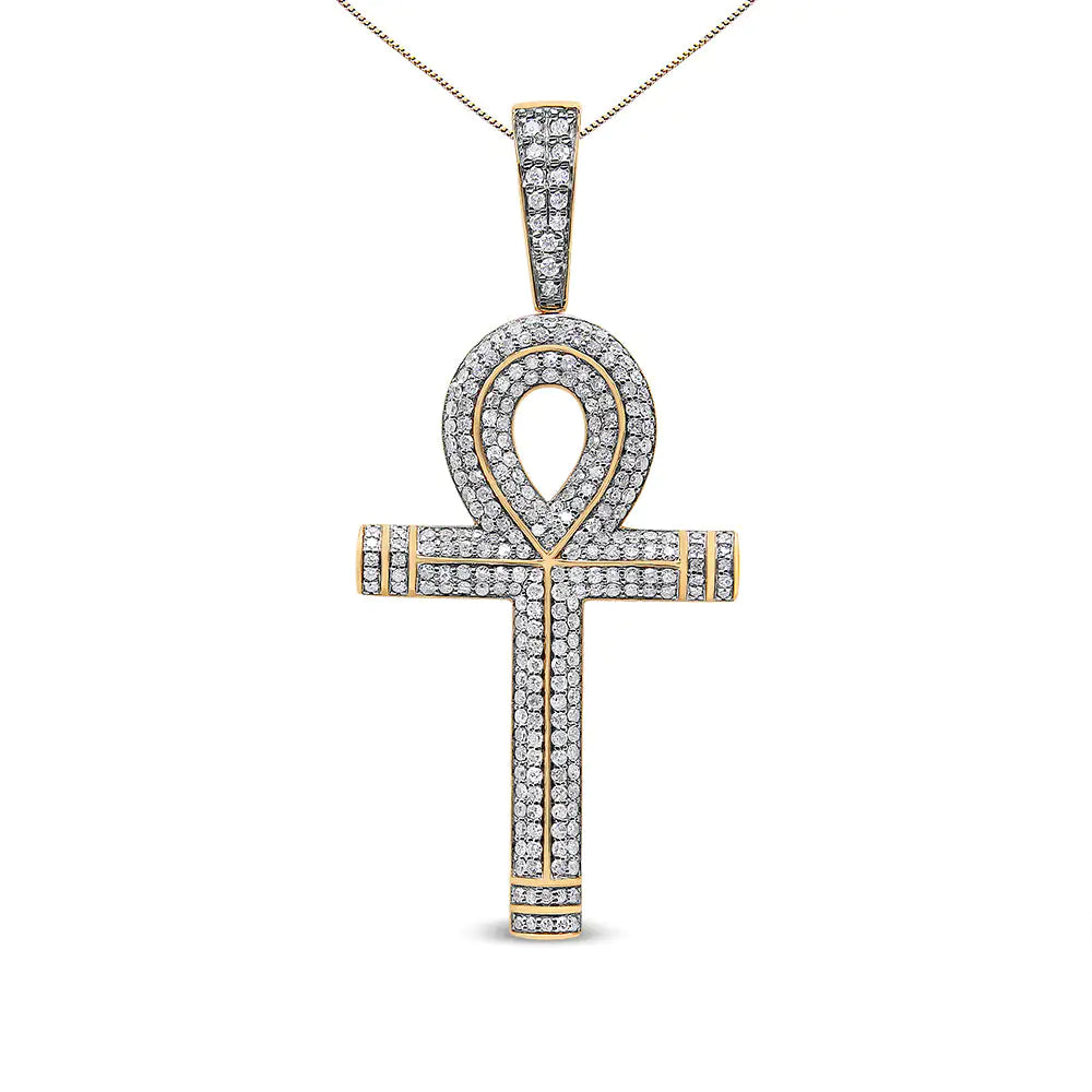 10K Yellow Gold 1 7/8 Cttw Round Diamond Ankh Cross Pendant Necklace for Men (H-I Color, SI1-SI2 Clarity) - NO CHAIN INCLUDED - Coeur Lumiere de tendresse