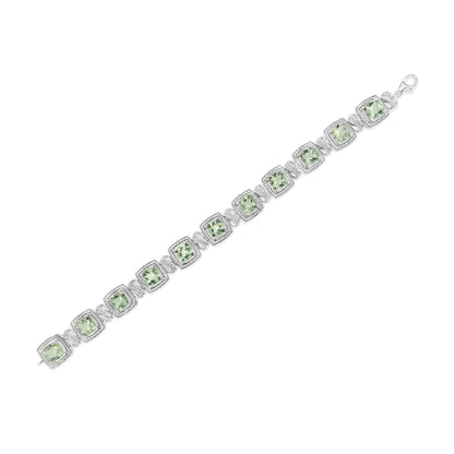 .925 Sterling Silver 7x7 mm Cushion Cut Green Amethyst and 1/10 cttw Single Cut Diamond Square Shape Tennis Bracelet (I-J Color, I1-I2 Clarity) - 7" - Coeur Lumiere de tendresse