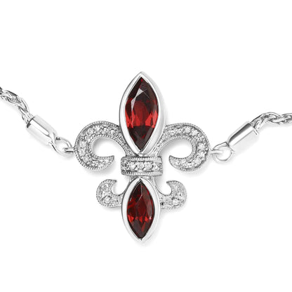 .925 Sterling Silver Marquise Garnet and Diamond Accent Lariat 4”-10” Fleur De Lis Adjustable Bolo Bracelet (H-I Color, SI1-SI2 Clarity) - Coeur Lumiere de tendresse