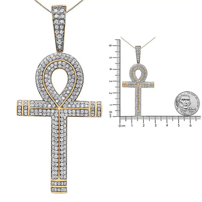 10K Yellow Gold 1 7/8 Cttw Round Diamond Ankh Cross Pendant Necklace for Men (H-I Color, SI1-SI2 Clarity) - NO CHAIN INCLUDED - Coeur Lumiere de tendresse