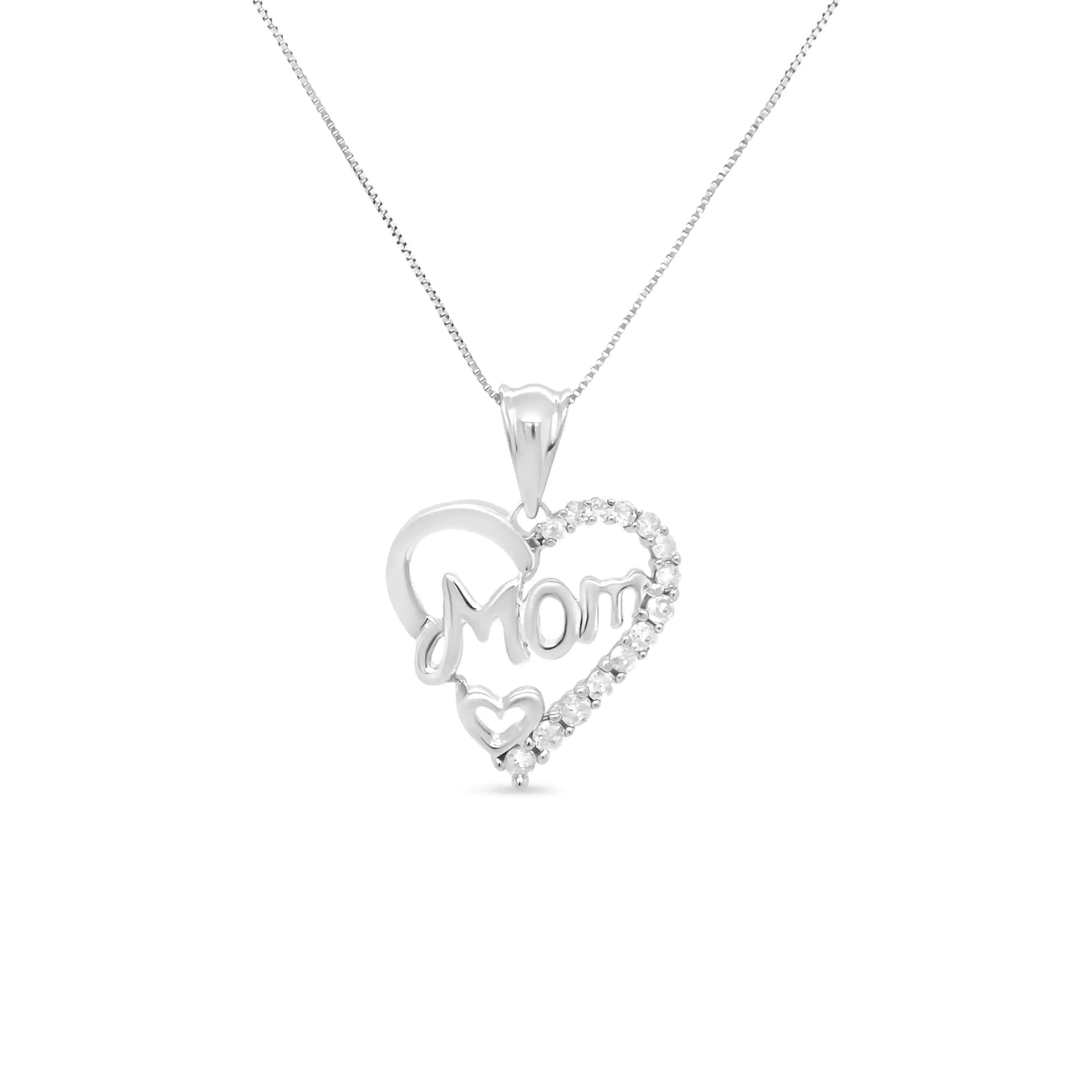 .925 Sterling Silver 1/4 Cttw Round Diamond "Mom" Openwork Heart Pendant 18" Necklace (I-J Color, I2-I3 Clarity) - Coeur Lumiere de tendresse