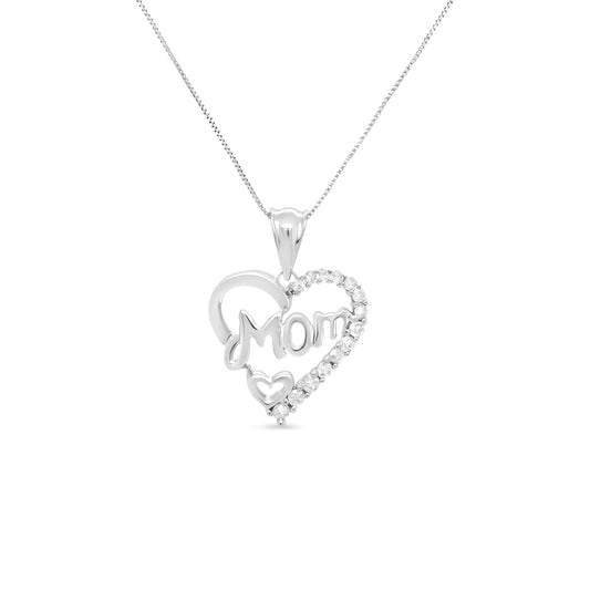 .925 Sterling Silver 1/4 Cttw Round Diamond "Mom" Openwork Heart Pendant 18" Necklace (I-J Color, I2-I3 Clarity) - Coeur Lumiere de tendresse