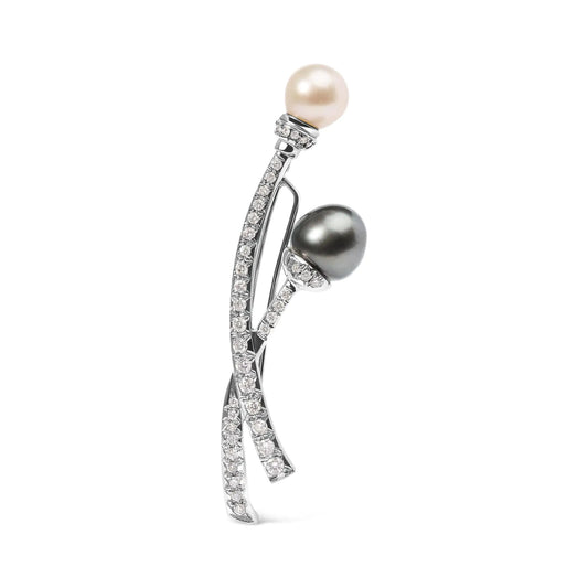 18K White Gold 3/5 Cttw Diamond and Cultured South Sea Black and White Pearl Brooch Pin (H-I Color, VS1-VS2 Clarity) - Coeur Lumiere de tendresse