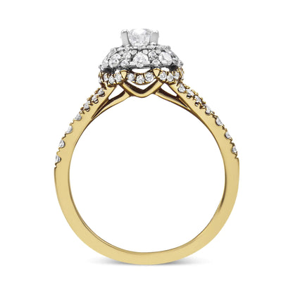 14K Yellow and White Gold 1.00 Cttw Split Shank Halo Floral Diamond Engagement Ring ( I-J Color, I1-I2 Clarity) - Coeur Lumiere de tendresse