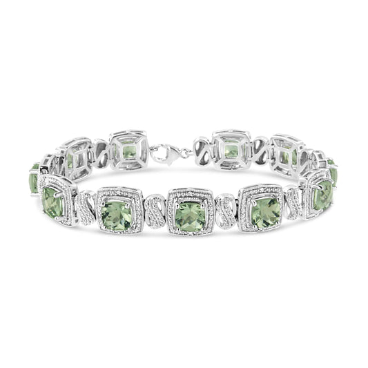 .925 Sterling Silver 7x7 mm Cushion Cut Green Amethyst and 1/10 cttw Single Cut Diamond Square Shape Tennis Bracelet (I-J Color, I1-I2 Clarity) - 7" - Coeur Lumiere de tendresse