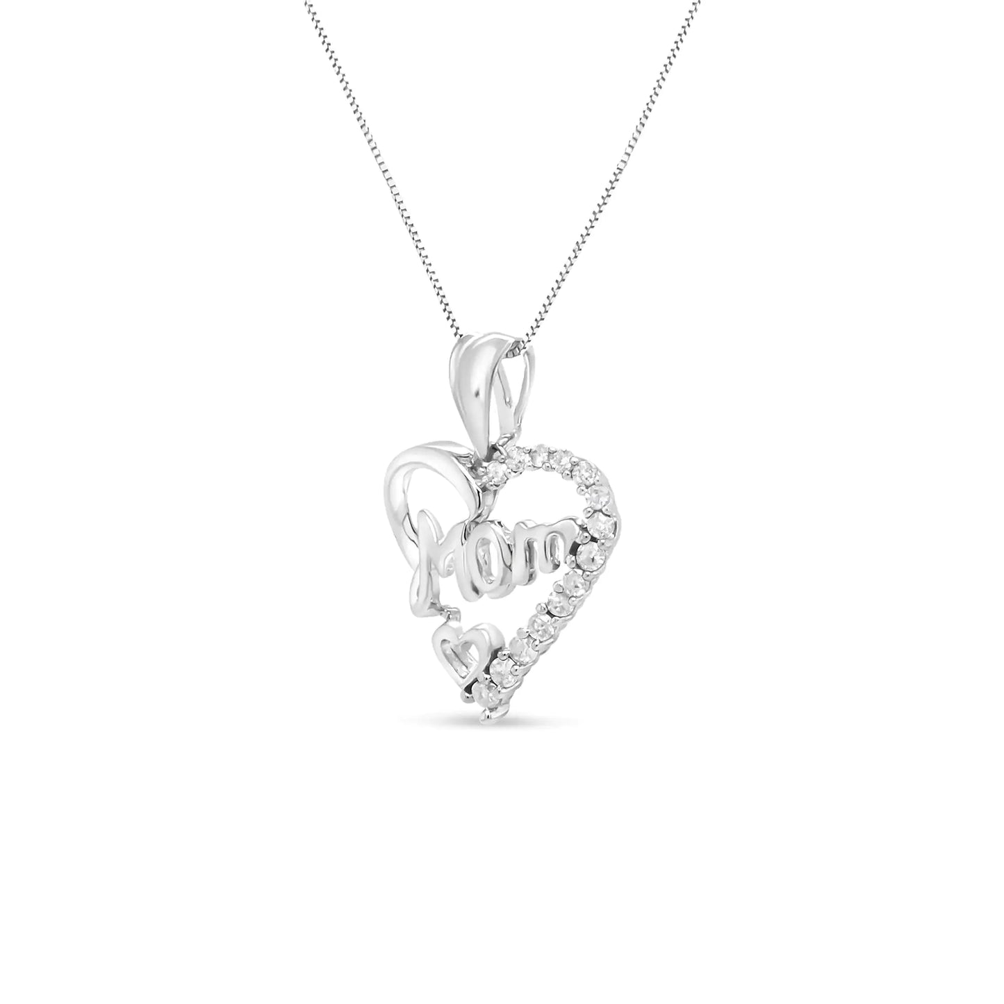 .925 Sterling Silver 1/4 Cttw Round Diamond "Mom" Openwork Heart Pendant 18" Necklace (I-J Color, I2-I3 Clarity) - Coeur Lumiere de tendresse