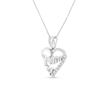 .925 Sterling Silver 1/4 Cttw Round Diamond "Mom" Openwork Heart Pendant 18" Necklace (I-J Color, I2-I3 Clarity) - Coeur Lumiere de tendresse