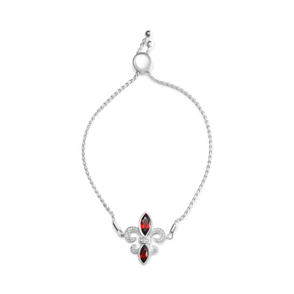 .925 Sterling Silver Marquise Garnet and Diamond Accent Lariat 4”-10” Fleur De Lis Adjustable Bolo Bracelet (H-I Color, SI1-SI2 Clarity) - Coeur Lumiere de tendresse