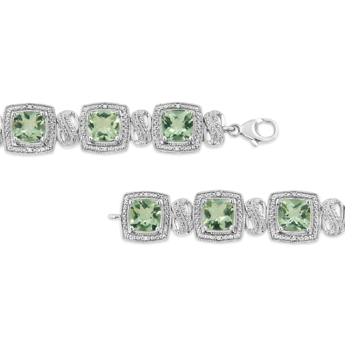 .925 Sterling Silver 7x7 mm Cushion Cut Green Amethyst and 1/10 cttw Single Cut Diamond Square Shape Tennis Bracelet (I-J Color, I1-I2 Clarity) - 7" - Coeur Lumiere de tendresse