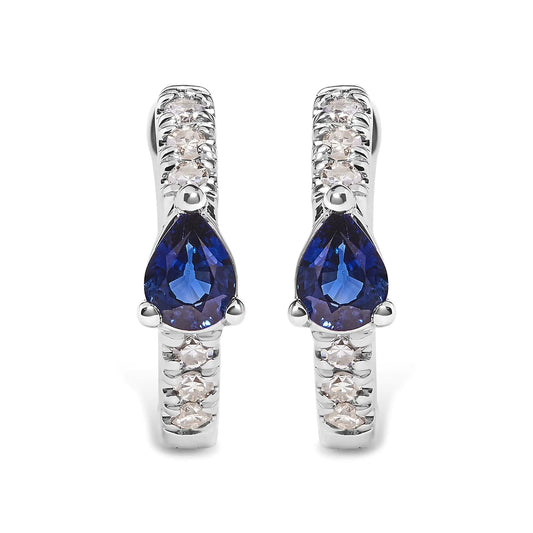 10K White Gold Pear Shaped Blue Sapphire and 1/10 Cttw Diamond Huggy Hoop Earrings (H-I Color, I1-I2 Clarity) - Coeur Lumiere de tendresse