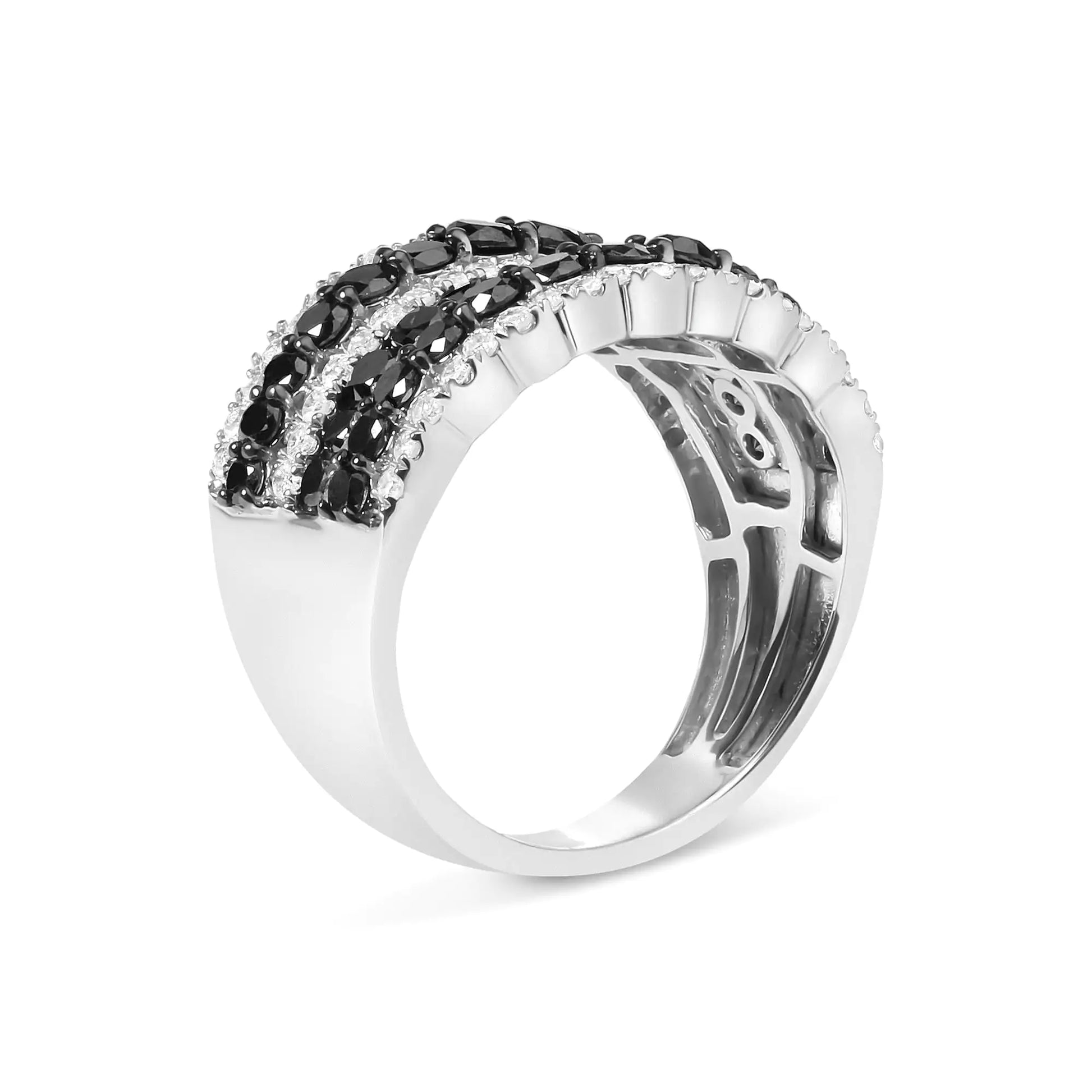 .925 Sterling Silver 1 3/4 Cttw Treated Black and White Alternating Diamond Multi Row Band Ring (Black / I-J Color, I2-I3 Clarity) - Coeur Lumiere de tendresse