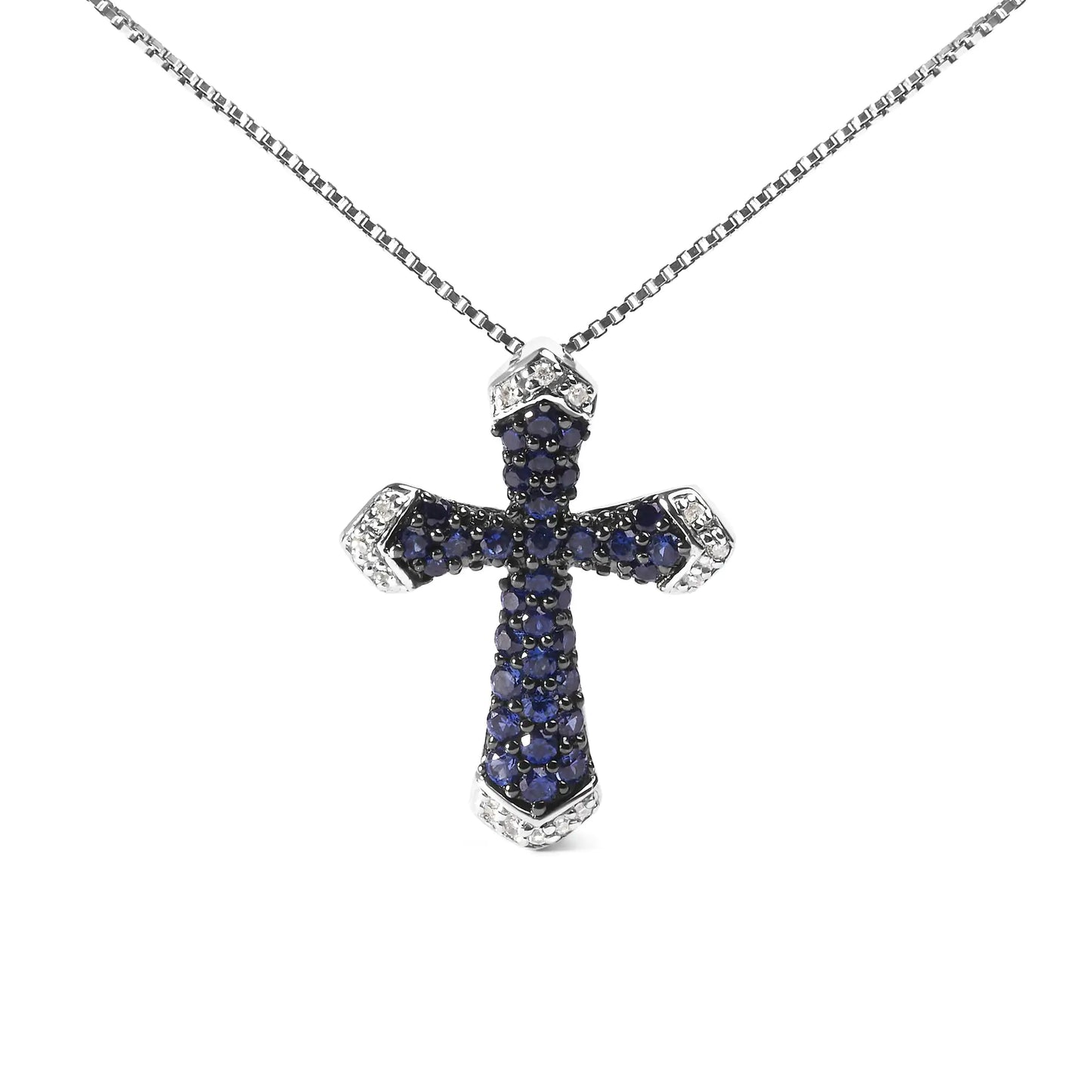 .925 Sterling Silver 3/4 Cttw Created Blue Sapphire and White Diamond Accent Cross Pendant Necklace - 18" Inches - Coeur Lumiere de tendresse