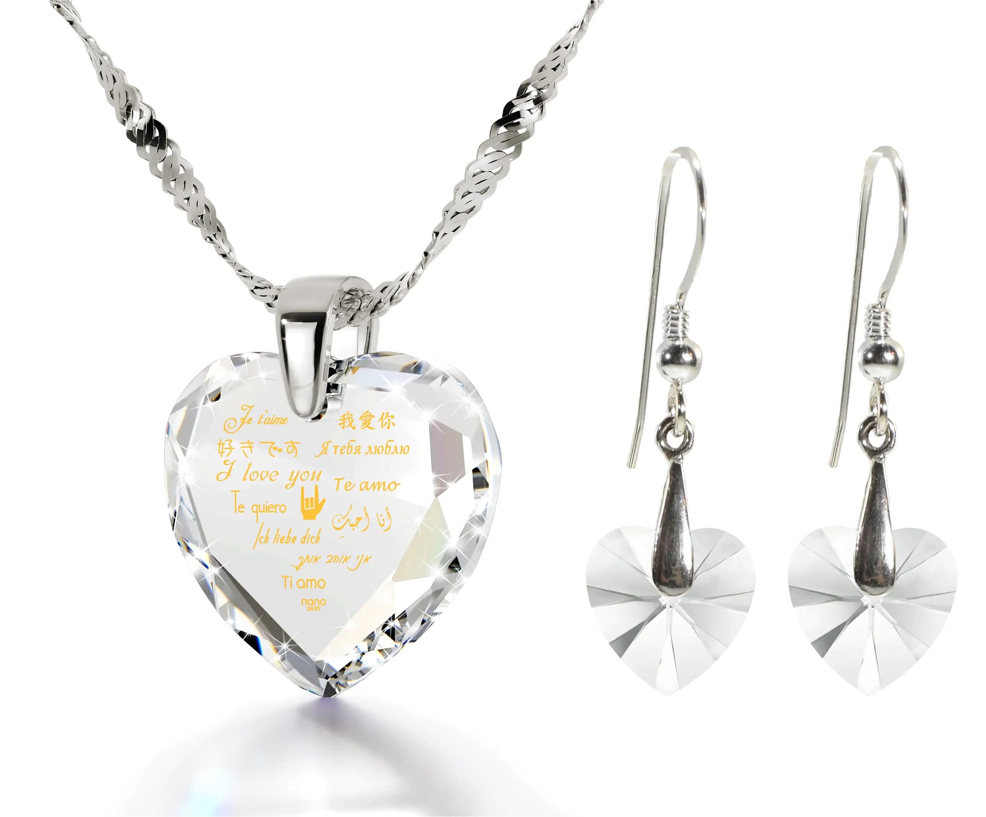 925 Silver I Love You Necklace 12 Languages Gold Inscribed and Crystal Earrings Heart Jewelry Set - Coeur Lumiere de tendresse