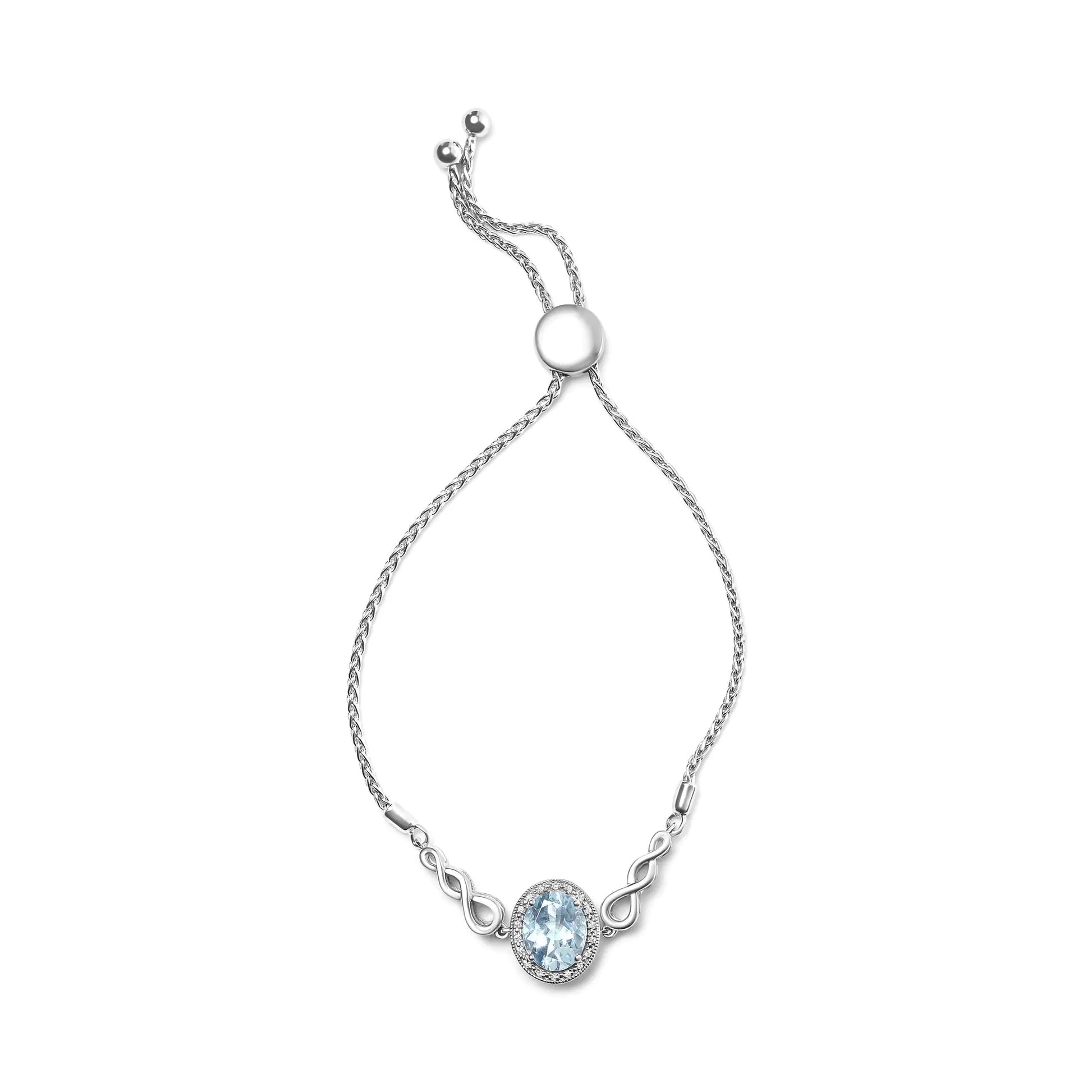 .925 Sterling Silver 10x8mm Oval Blue Topaz and Diamond Accent Lariat 4”-10” Adjustable Bolo Bracelet (H-I Color, SI1-SI2 Clarity) - Coeur Lumiere de tendresse