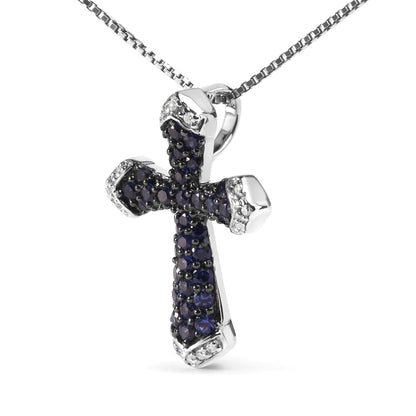 .925 Sterling Silver 3/4 Cttw Created Blue Sapphire and White Diamond Accent Cross Pendant Necklace - 18" Inches - Coeur Lumiere de tendresse