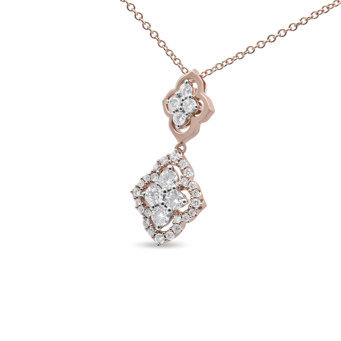 14K Rose Gold 3/4 Cttw Round Diamond Double Quatrefoil Pendant 18" Necklace (H-I Color, I1-I2 Clarity) - Coeur Lumiere de tendresse