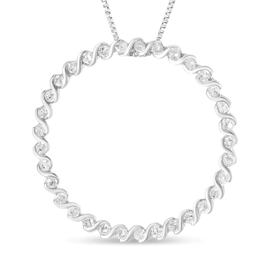 .925 Sterling Silver 3/4 Cttw Round Diamond Spiral Curved Circle Pendant 18" Necklace (I-J Color, I3 Clarity) - Coeur Lumiere de tendresse