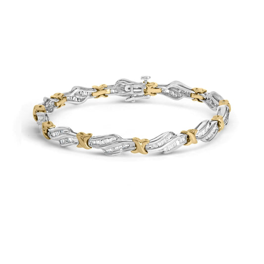 10k Two-Toned Gold 2.00 Cttw Channel Set Baguette-Diamond Weave and "X" Spiral Link Bracelet (H-I Color, I1-I2 Clarity) - 7" - Coeur Lumiere de tendresse